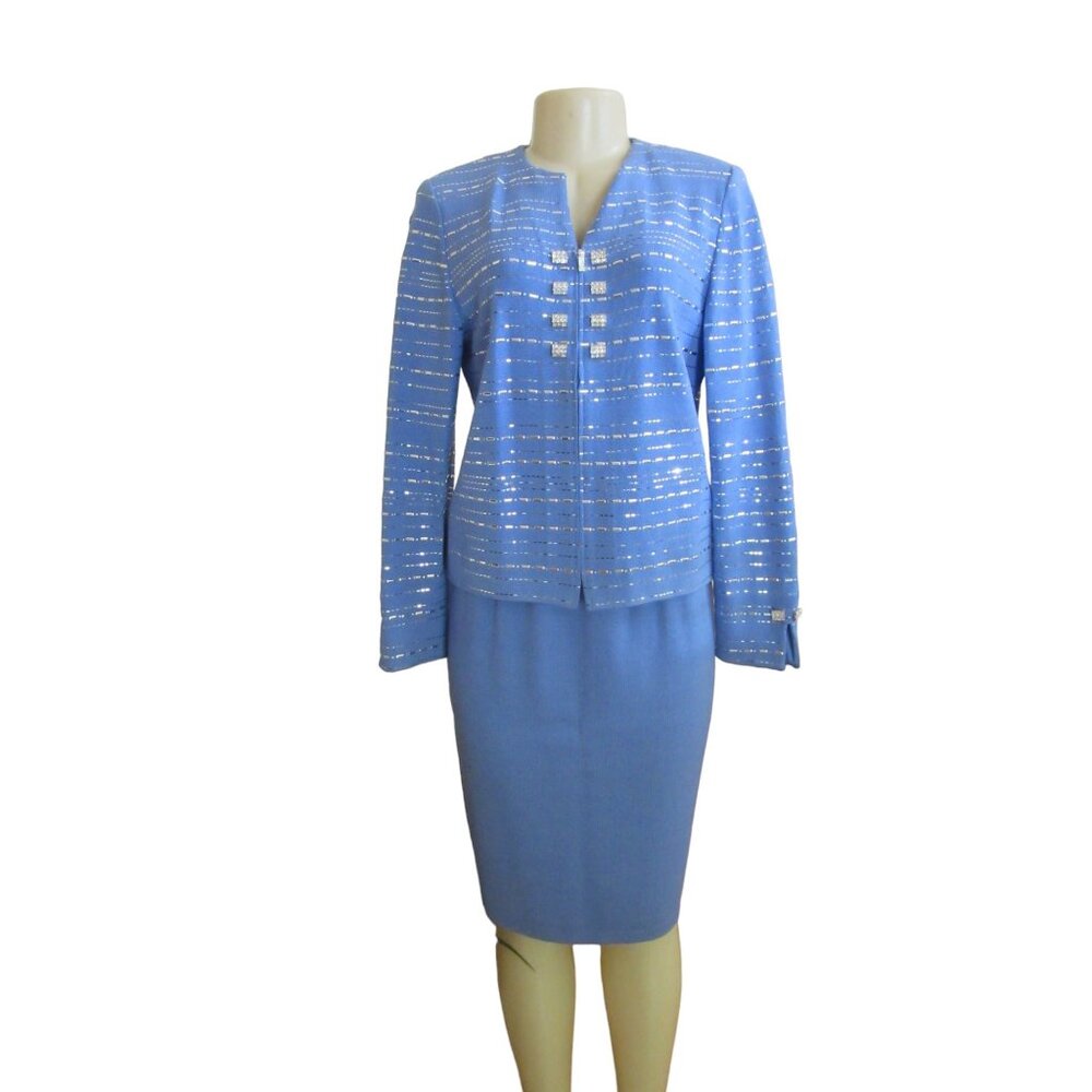 Vtg. St John Marie Gray Evening Blue Knit Skirt Suit w Rhinestones, Sz 4 & 6 - Picture 1 of 12
